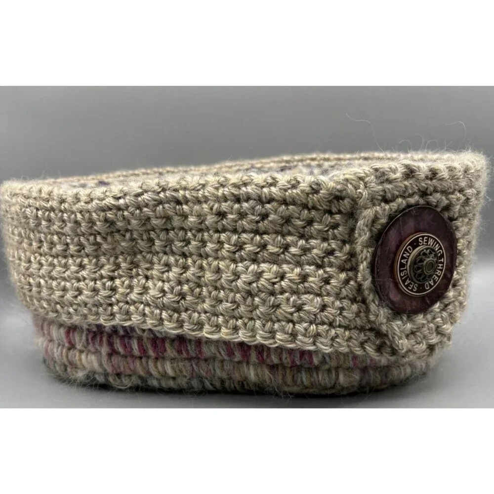 Handmade Rove Unspun‎ Wool Basket Crochet Multicolor Storage Decor 10.5 x6